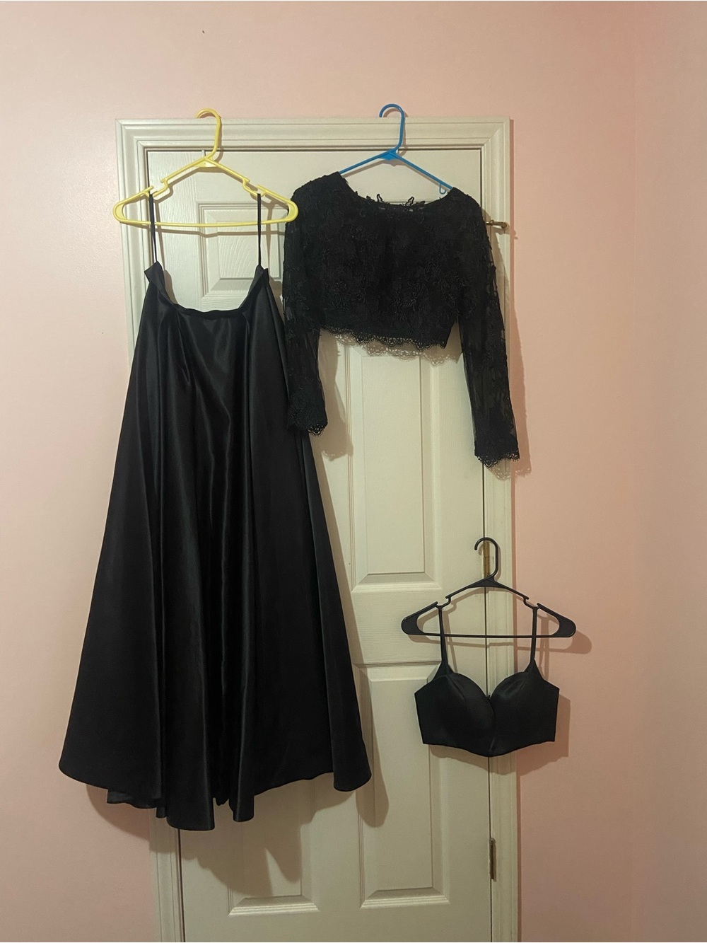 Black Lace Crop Top with Satin Prom Skirt - Two-Piece Prom Dress